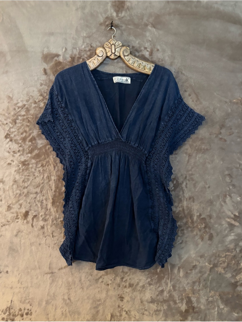 Seaspice Women’s Crochet-Trim V-Neck Swim Coverup Navy Size M